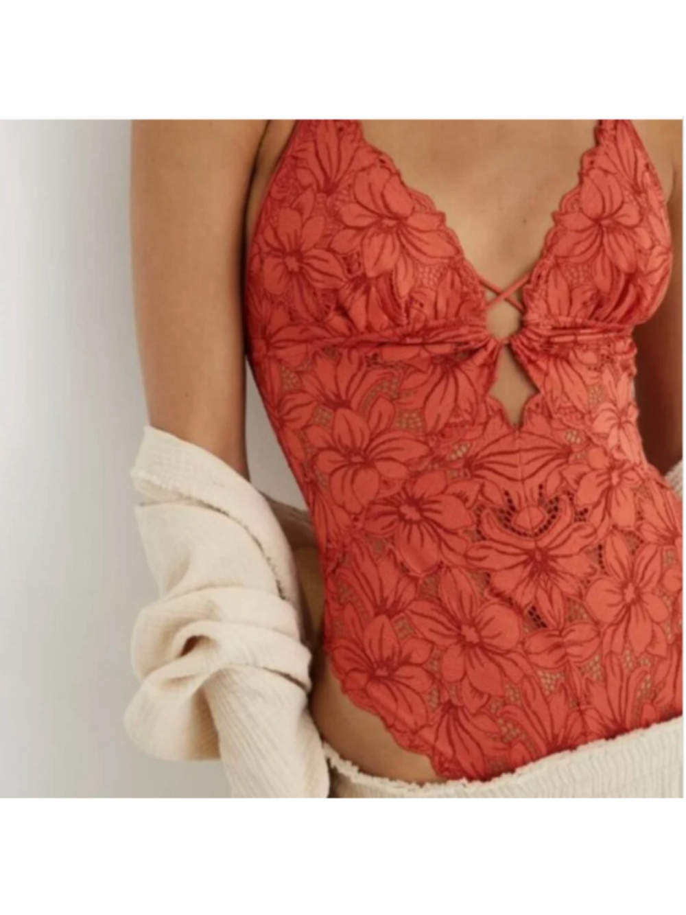 Aerie NWT Beach Daze Lace Bodysuit Coral Smsll - Picture 2 of 9